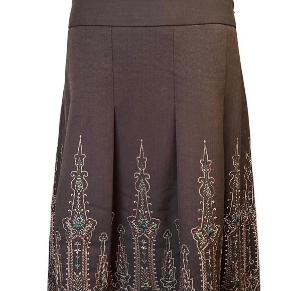 Ann Taylor LOFT Chocolate Brown Heavily Embroidered A-Line Boho Midi Skirt Sz 8 - Picture 2 of 9